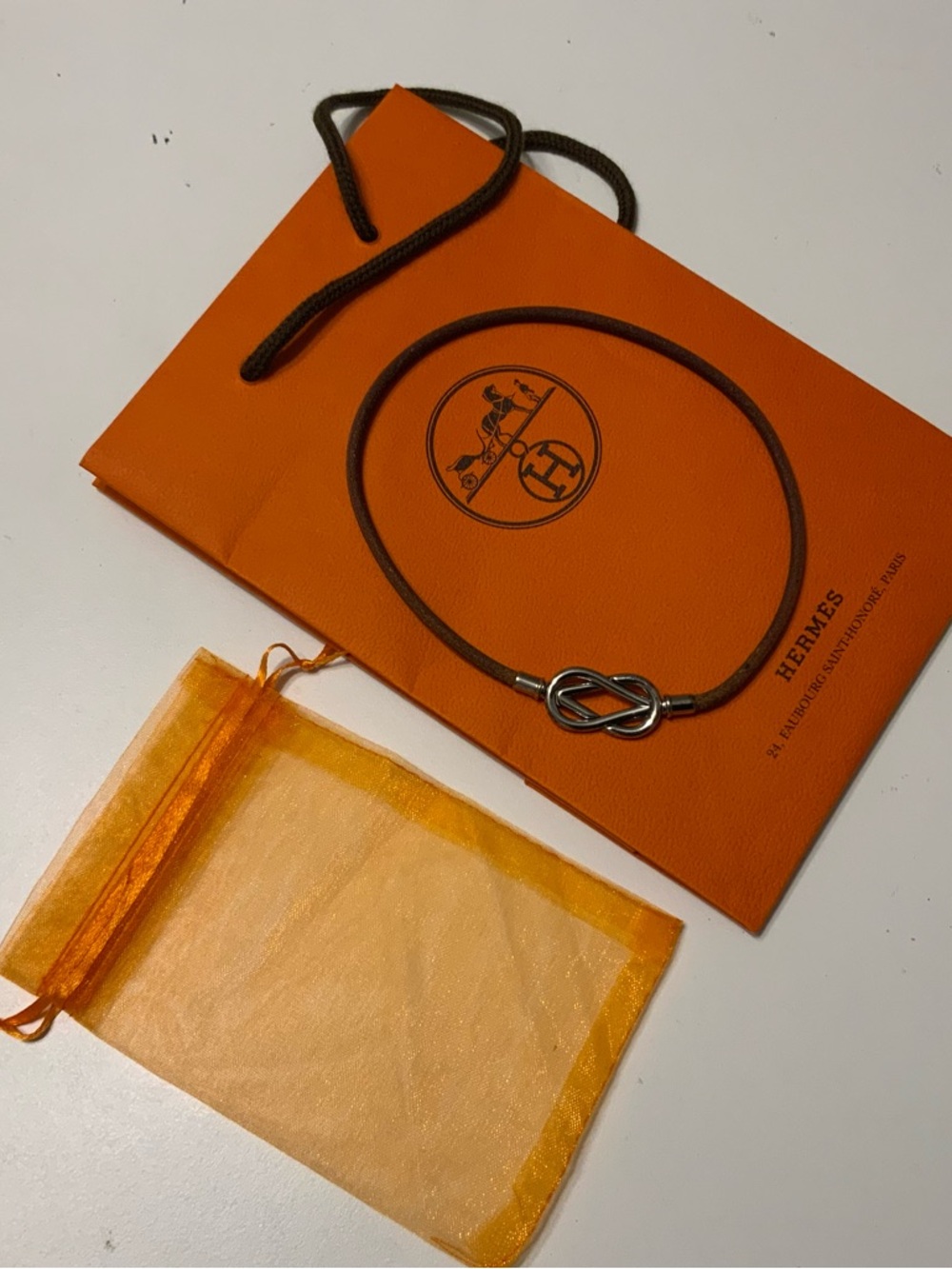 Hermès Brown Cord Necklace with Silver Knot Accent Atame